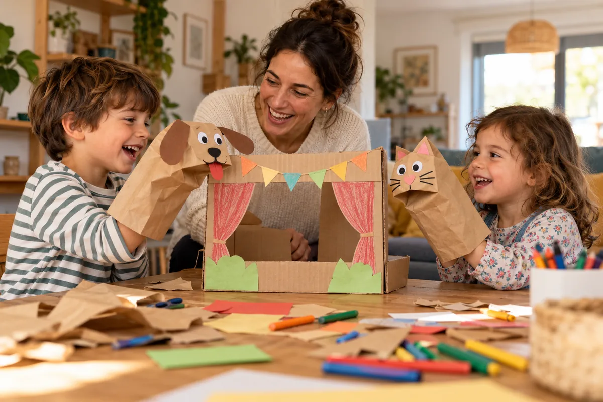 Dos niños representan una historia con marionetas de papel en un teatro de cartón.