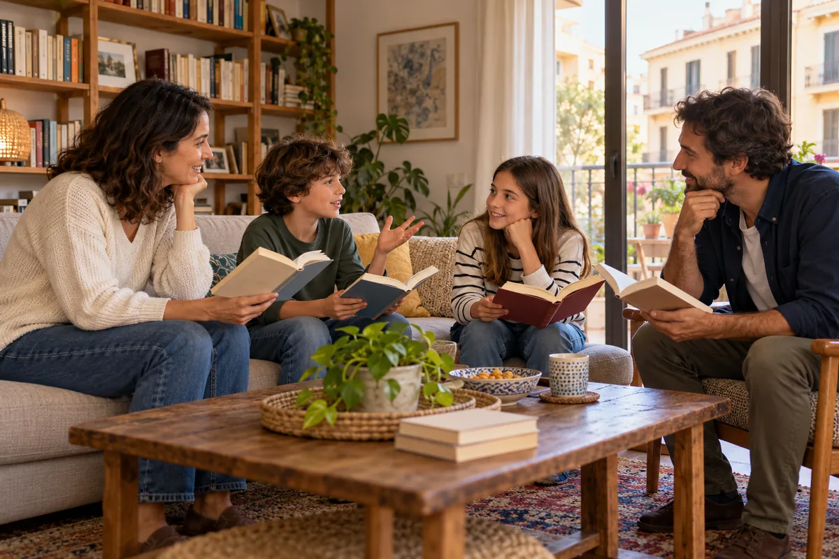 Una familia de cuatro personas comenta sus libros en una sala.