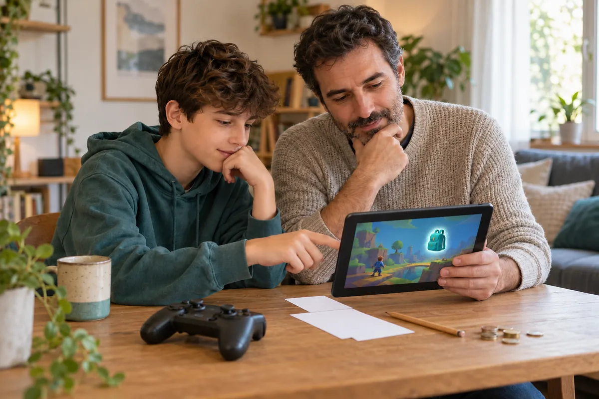 Un adolescente y una persona adulta miran juntos un videojuego en una tableta.