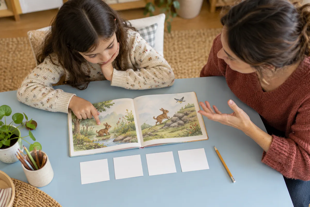 Una niña y una persona adulta comentan un libro ilustrado junto a tarjetas en blanco.