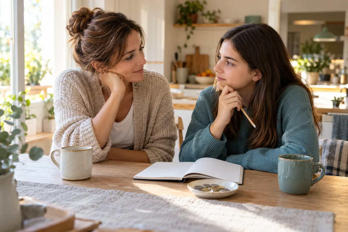 Una persona adulta y una adolescente conversan junto a un cuaderno y unas monedas.