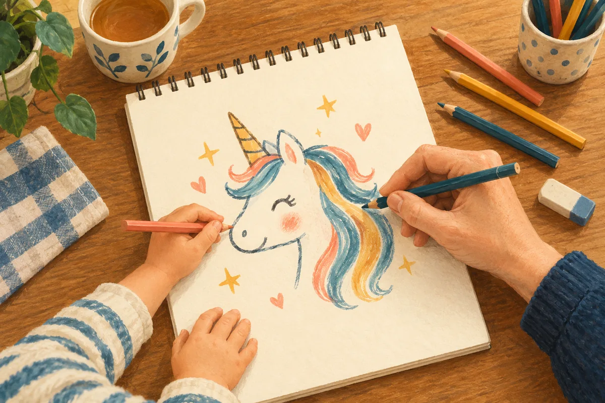 Unas manos dibujan y colorean una cabeza de unicornio en un cuaderno de espiral.
