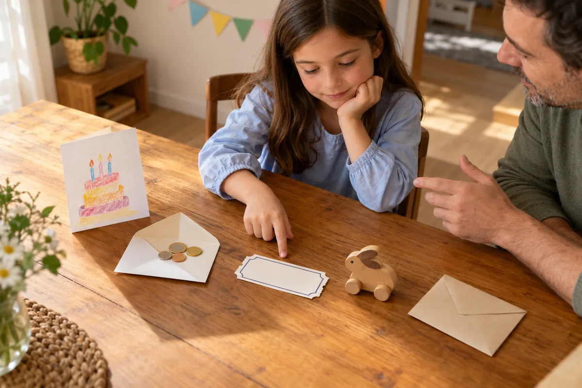 Una niña y una persona adulta revisan unas monedas y sobres junto a una tarjeta de cumpleaños.