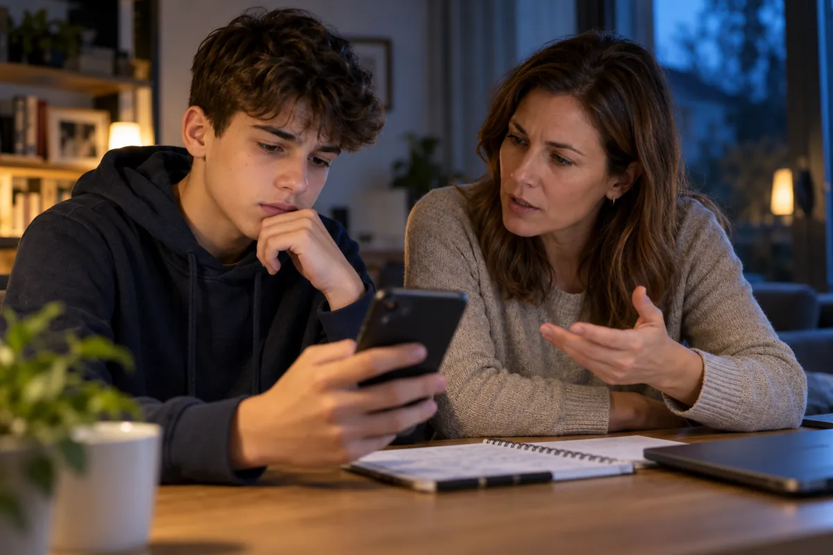 Un adolescente y una persona adulta miran un móvil y conversan junto a un cuaderno.