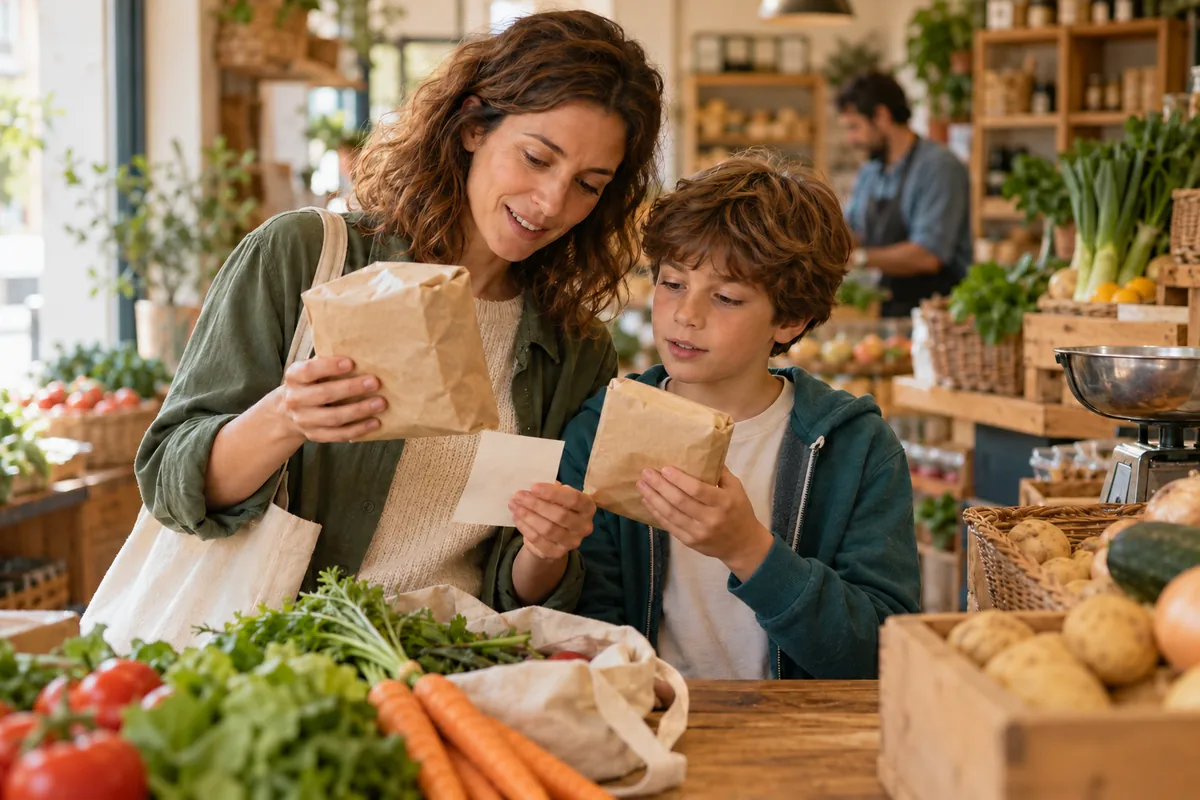 Una persona adulta y un niño observan paquetes de alimentos en una tienda.
