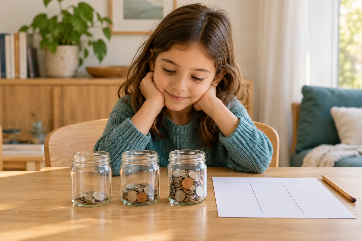 Una niña observa tres tarros que contienen distintas cantidades de monedas.