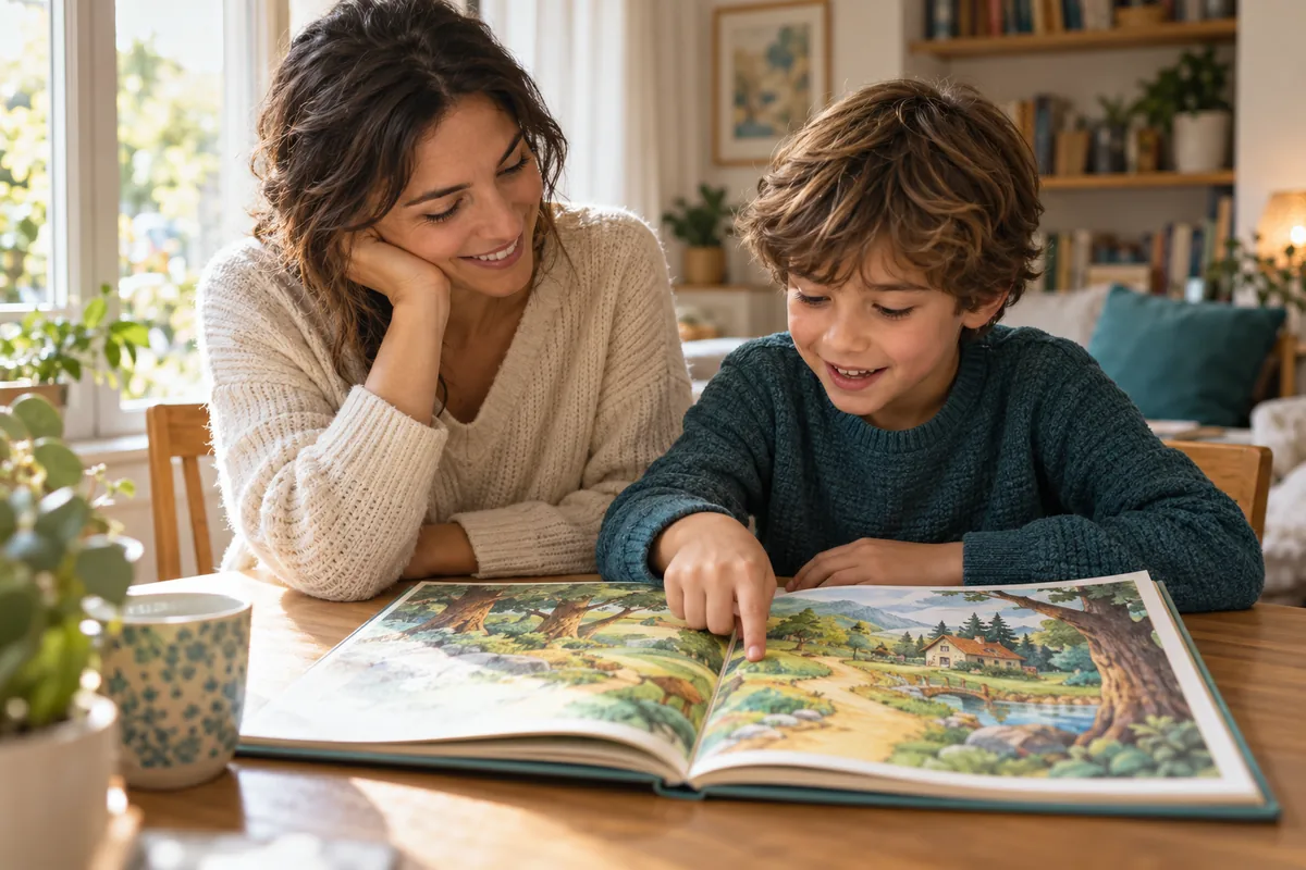 Una persona adulta y un niño leen juntos un libro ilustrado.