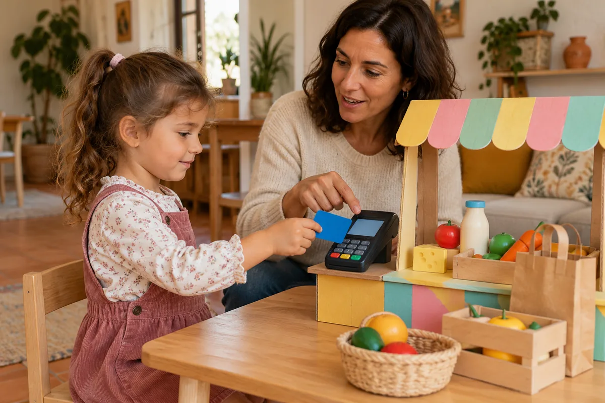 Una niña y una persona adulta practican un pago con tarjeta en una tienda de juguete.