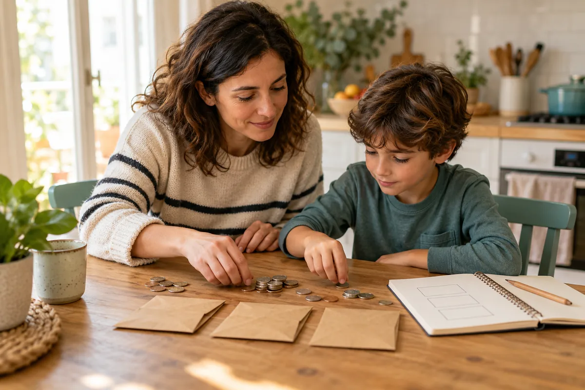 Una persona adulta y un niño organizan monedas y sobres junto a un cuaderno.