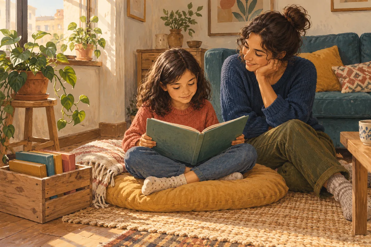 Una niña y una mujer comparten un libro sobre un cojín, junto a una caja baja con libros.