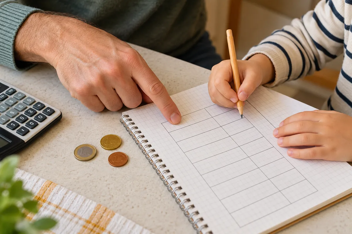 Un niño y una persona adulta revisan una tabla de registro junto a unas monedas.