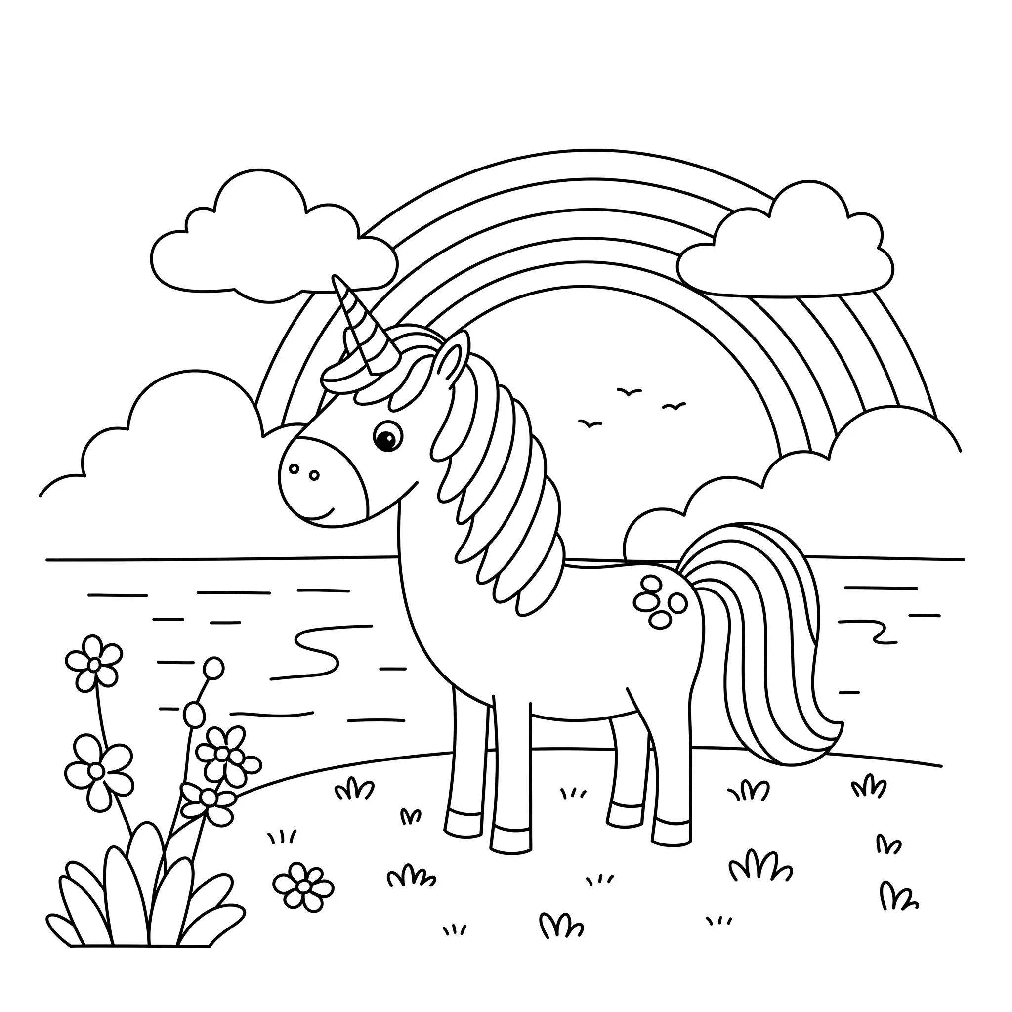 Página para colorear unicornio y arcoíris - Libro de colorear INKORA