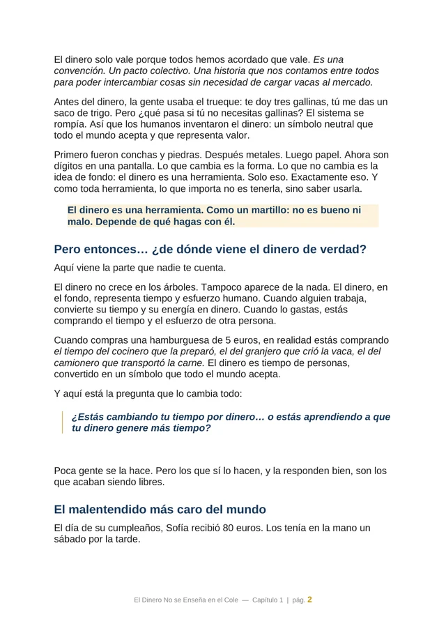 Página del capítulo sobre qué es el dinero, de El dinero no se enseña en el cole.