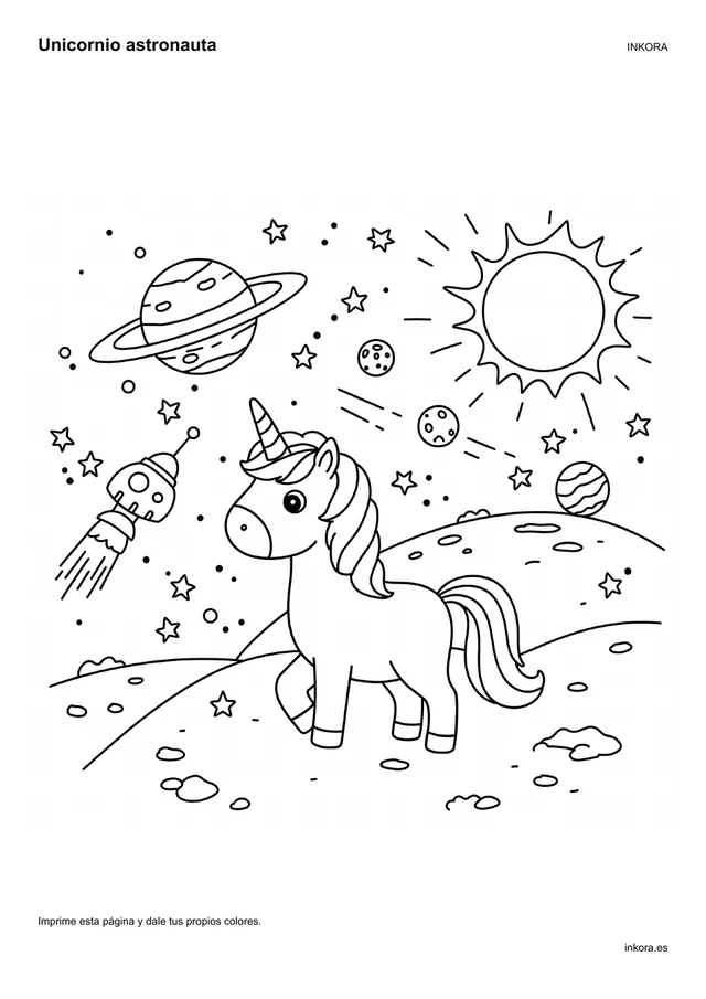 Unicornio astronauta de los dibujos extra para colorear.