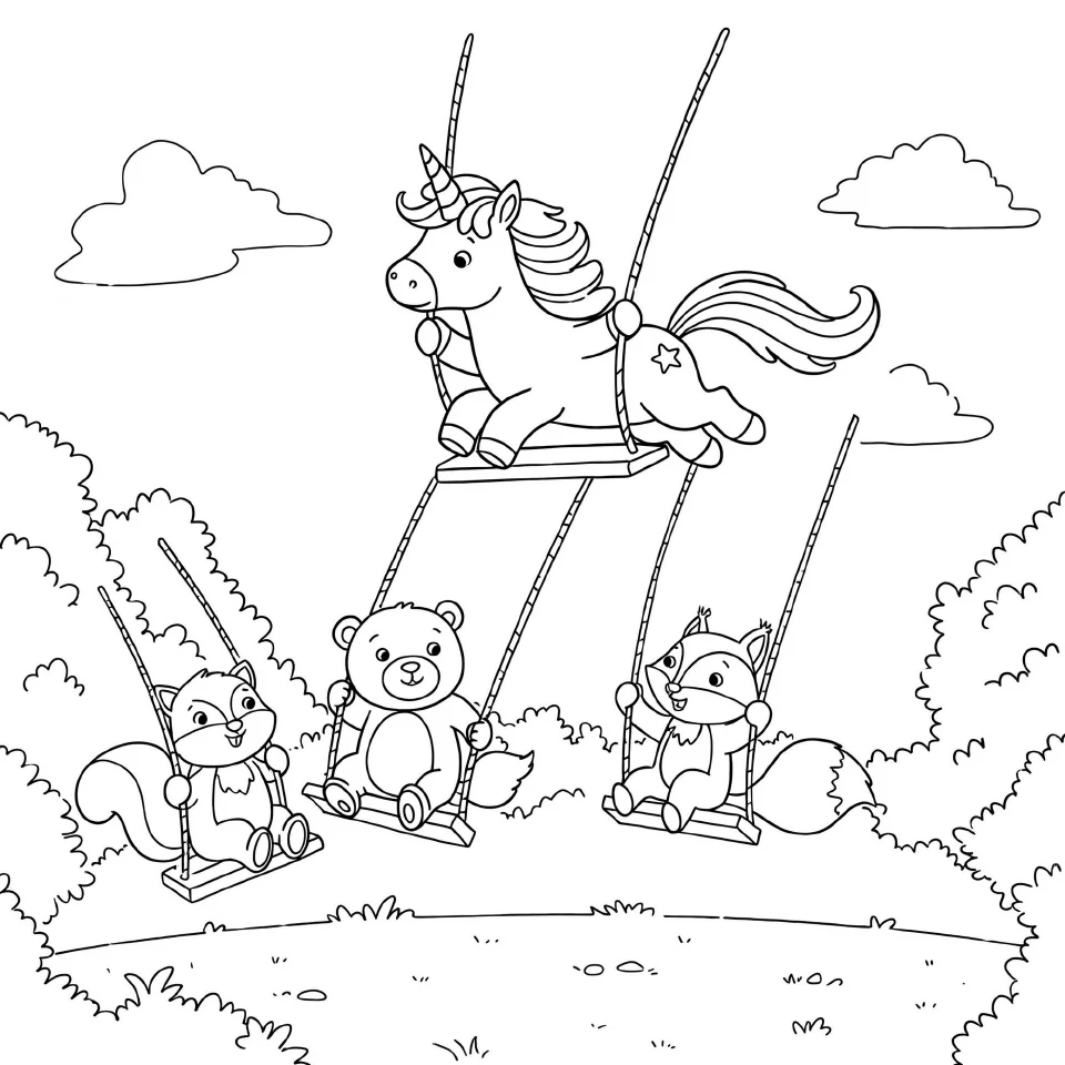 Muestra imprimible de un unicornio en un columpio para colorear.